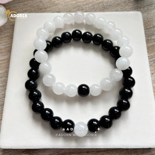 Matt Black & White Agate Energy Stone Beads Distance Bracelet Set Couple Bracelet