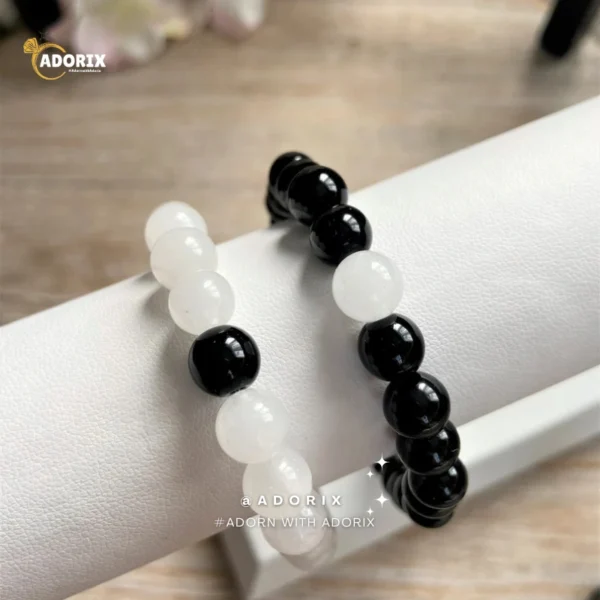 Matt Black & White Agate Energy Stone Beads Distance Bracelet Set Couple Bracelet