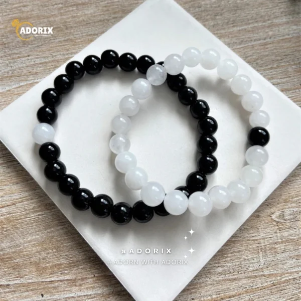 Matt Black & White Agate Energy Stone Beads Distance Bracelet Set Couple Bracelet